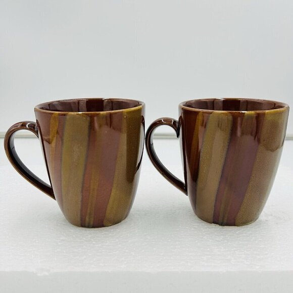 Set Of 2 Sango Avanti Brown Coffee Cup Mug Stoneware Stripes Sand Retired #4722 - Picture 1 of 6